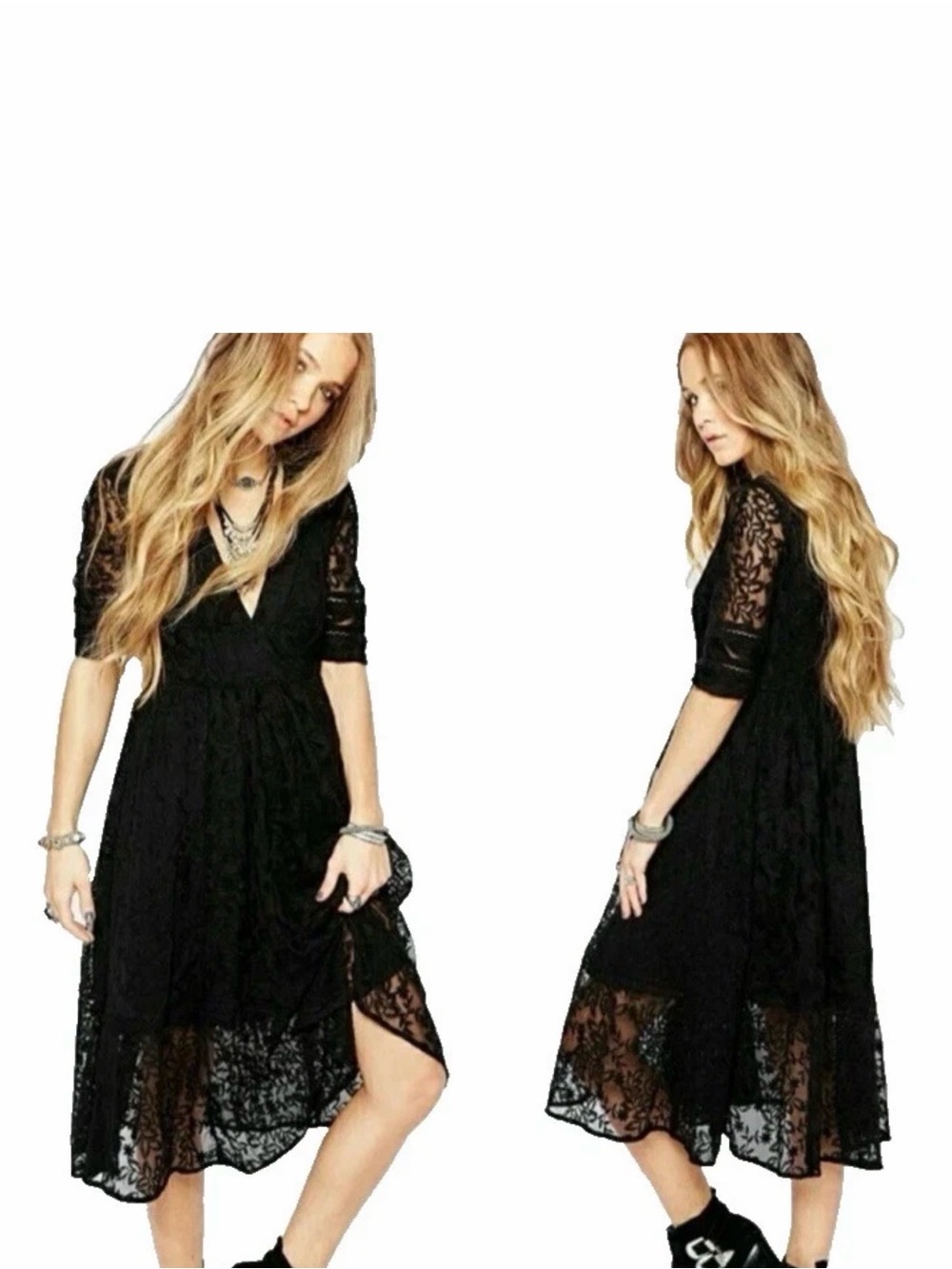 Free People Black Lace Midi Dress with V-Neck